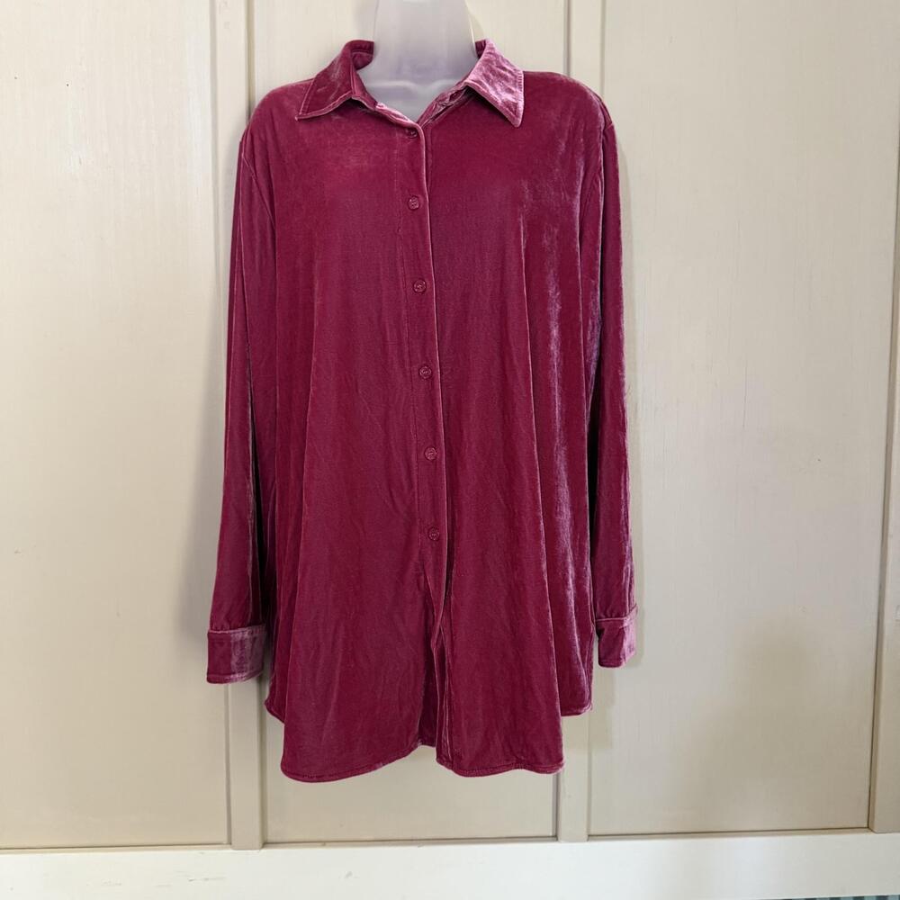 Soft Surroundings Blouse Womens Large Pink Velour Button Up Collared Tunic Top